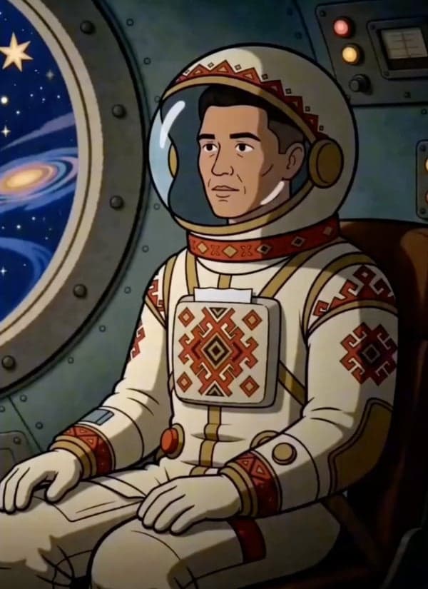 Пример нейромультика — космонавт в этно-орнаментах